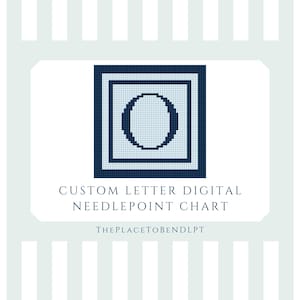 May include: Digital needlepoint chart featuring the letter "O" in a navy blue and light blue square design. The text "CUSTOM LETTER DIGITAL NEEDLEPOINT CHART" is below the design. The website address is "THEPLACETOBENDLPT".