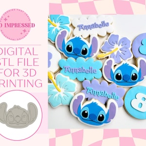 Pode incluir: Uma coleção de biscoitos decorados com um personagem de desenho animado azul e desenhos florais. Alguns biscoitos soletram o nome "Annabelle". A imagem também inclui o texto "DIGITAL STL FILE FOR 3D PRINTING".