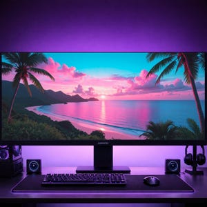 Könnte beinhalten: Ein breiter Computermonitor zeigt eine tropische Strandszene mit Palmen und einem rosafarbenen Sonnenuntergang. Unter dem Bildschirm befinden sich eine schwarze mechanische Tastatur, eine Computermaus auf einer Schreibtischunterlage, zwei Lautsprecher und ein schwarzer Kopfhörer.