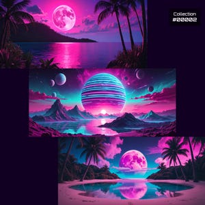 Synthwave Cosmic Shores Wallpaper Pack | Neon Moons, Alien Worlds (Digital Download)