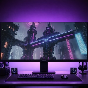 Cyberpunk Megastructure Wallpaper | Neon Futuristic City Desktop Background | 8K Digital Download