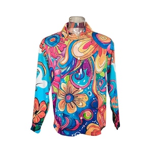 May include: A long-sleeve button-down shirt featuring a vibrant, multicolored abstract floral pattern. The design includes swirling shapes and large flower motifs in shades of bright blue, orange, pink, yellow, and purple on a light blue background.