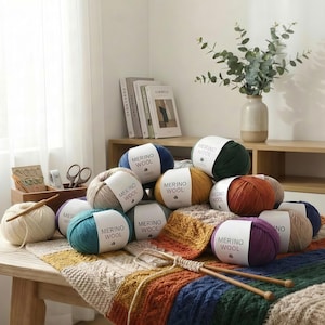 Può includere: Una collezione di gomitoli di lana merino colorati in varie tonalità, tra cui blu, verde, arancione e viola. La lana è disposta su un tavolo di legno con ferri da maglia e una coperta parzialmente lavorata a maglia. Le etichette sui gomitoli riportano "MERINO WOOL".