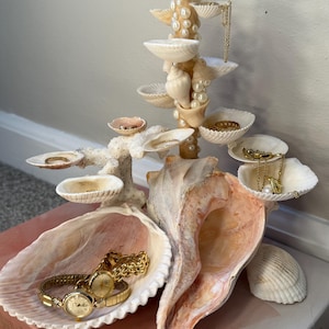 Large Handmade Coastal Seashell Jewelry Organizer - Ocean Inspired Pearl Ring & Necklace Display Stand