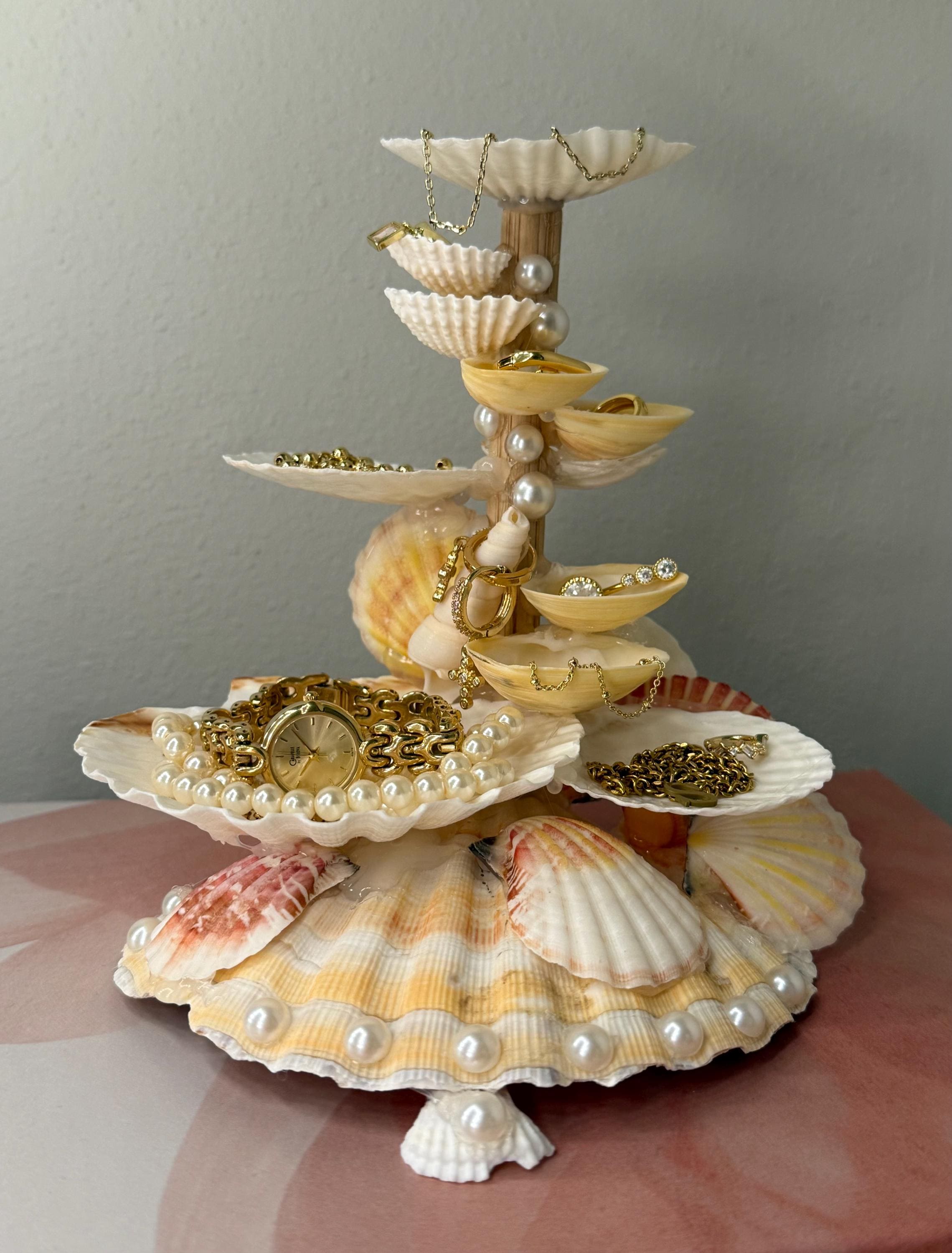 Handmade Coastal Seashell Jewelry Organizer Tray- Pearl Trinket Display Stand, Beach Cottage Vanity Decor, Ocean Inspired Ring Holder