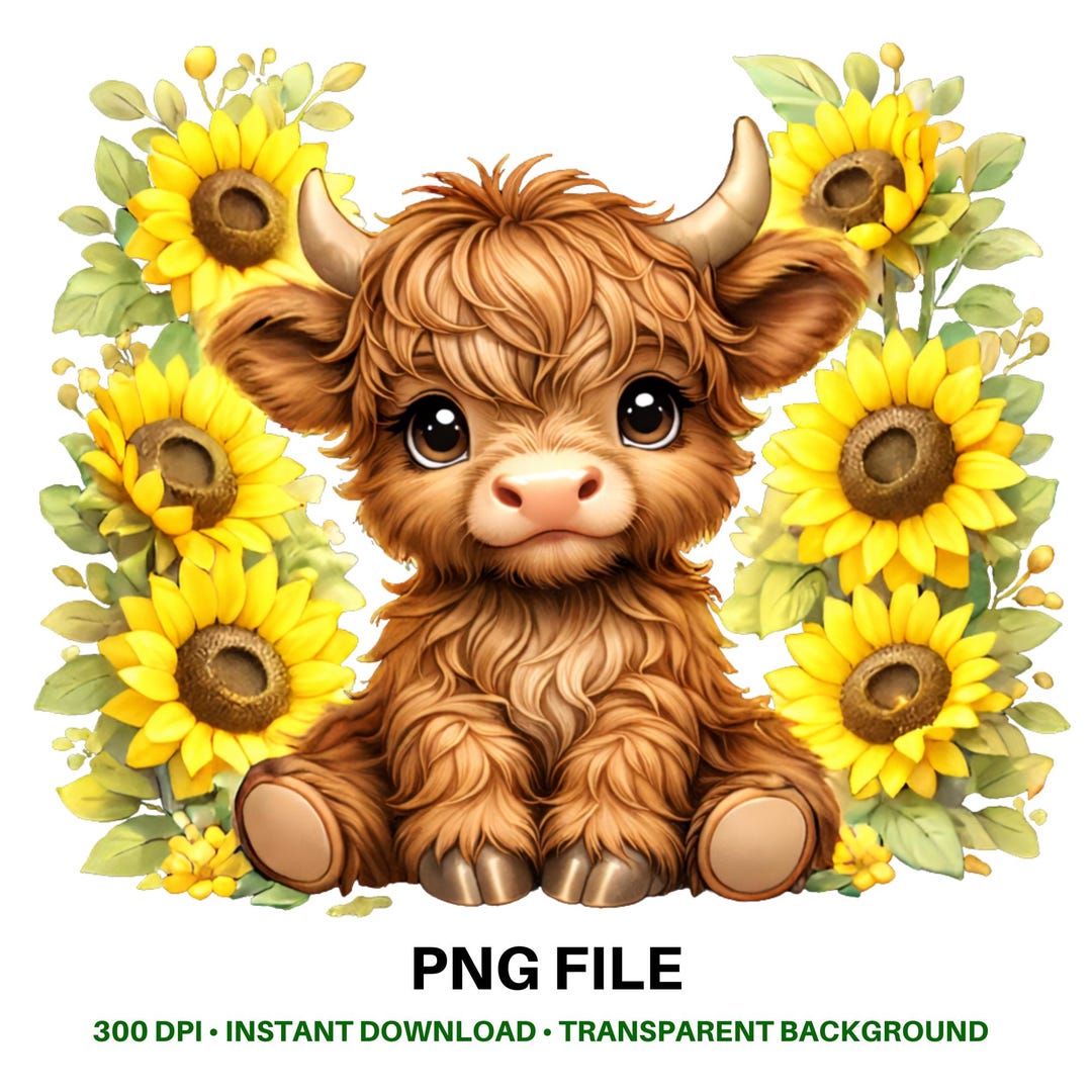 Cute Highland Cow Sunflower PNG, Cow Sublimation Design, Floral ...