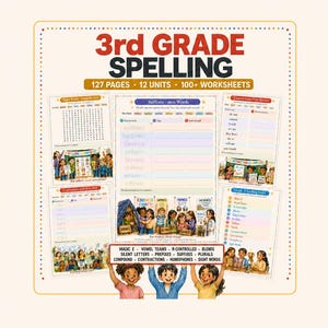 May include: A colorful educational resource for 3rd grade spelling. The cover features the text "3rd GRADE SPELLING" and includes worksheets, units, and pages. The resource covers topics like suffixes, sight words, and contractions.