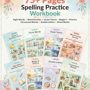 May include: A workbook for grades 1-2 with 75+ pages of spelling practice. The cover features the title "Spelling Practice Workbook" and includes topics like sight words, word families, and consonant blends. The workbook is available for instant digital download and print at home.