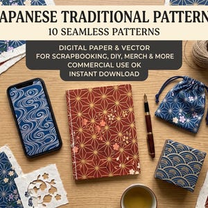 以下が含まれることがあります： JAPANESE TRADITIONAL PATTERNS 10 SEAMLESS PATTERNSと題されたデジタルコレクション。スマートフォン、ノート、巾着袋、箱、そして青と赤の幾何学模様や花柄が描かれた紙のシートが含まれています。