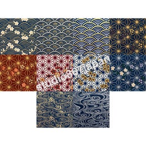 May include: A collection of ten square fabric swatches featuring traditional Japanese patterns. Designs include blue and gold wave motifs, geometric hemp leaf patterns with cherry blossoms, and intricate floral arrangements in red, blue, and gold.
