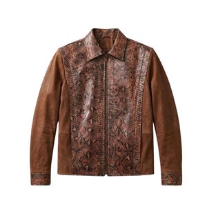 Handmade Python & Suede Leather Jacket | Vintage Brown Zip Up Biker Outerwear