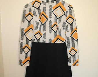 1960's Diamond Pattern, Mustard Yellow, Black and White Knee Length Dress