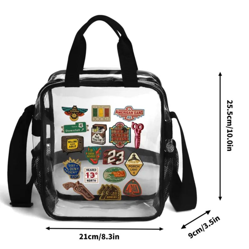 May include: A clear plastic tote bag with black trim and handles, featuring various colorful patches. The bag measures 10.0 inches in height, 8.3 inches in width, and 3.5 inches in depth. The patches include text like American Cars, Downfall, and 23.
