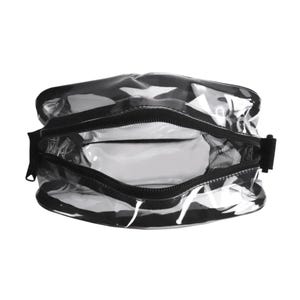 May include: A clear, transparent toiletry bag featuring black trim and a black zipper closure. The bag has a rectangular shape with rounded corners and a wide opening, revealing a hollow interior with a black mesh side pocket inside.