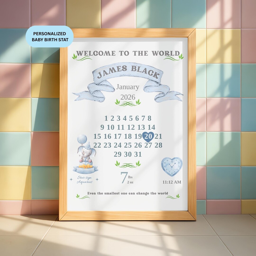 Personalized Baby Birth Stats Wall Art Printable, Custom Nursery Decor ...