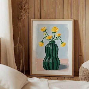 Yellow Floral Vase Wall Art Printable,Modern Still Life Print,Green Striped Vase Artwork,Moody Kitchen Decor, Minimalist Flower oil Painting