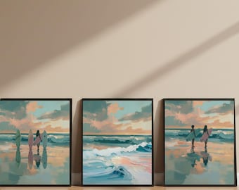 Surfer Girl Beach Art, Surf Sunset Wall Art of 3, Coastal Surf Decor, Watercolor Ocean Prints, Beach House Decor, Pastel Coastal Beach Scene