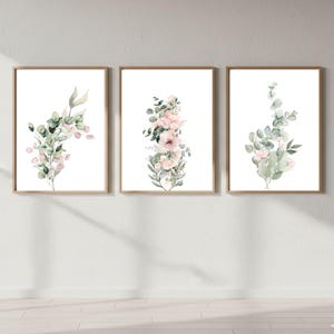 Eucalyptus Wall Art Set of 3, Olive Green Botanical Prints, Soft Pink Minimalist Decor, Watercolor Botanical Print Neutral,Calm Spa Wall Art