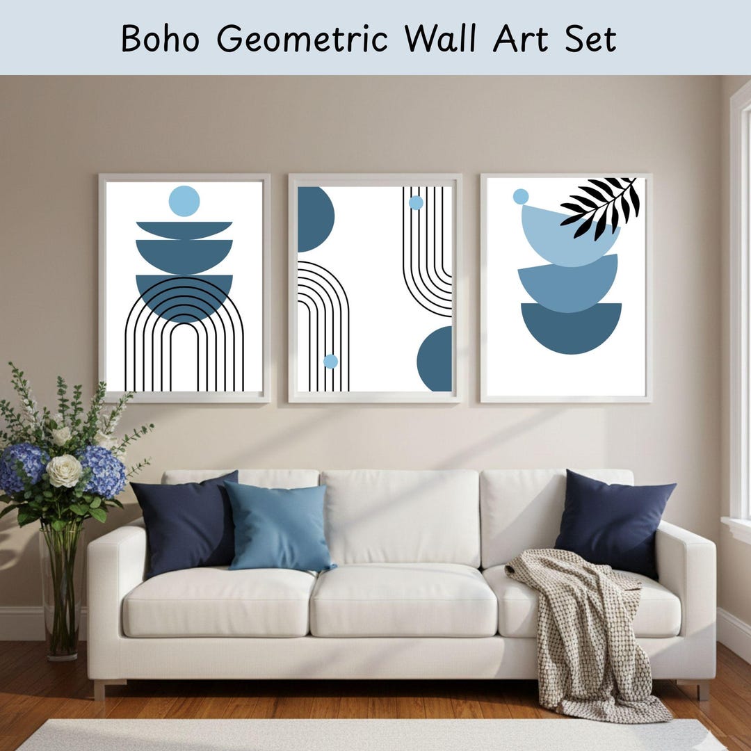 Boho Geometric Wall Art Set Blue Abstract Prints Modern Bohemian Decor ...