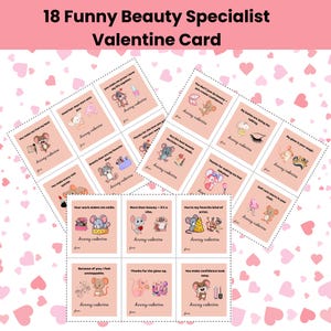 Peut inclure: Un ensemble de 18 cartes de Saint-Valentin pour une esthéticienne. Chaque carte présente une souris de dessin animé avec des illustrations et du texte liés à la beauté. Les cartes sont roses et blanches avec des accents en forme de cœur.