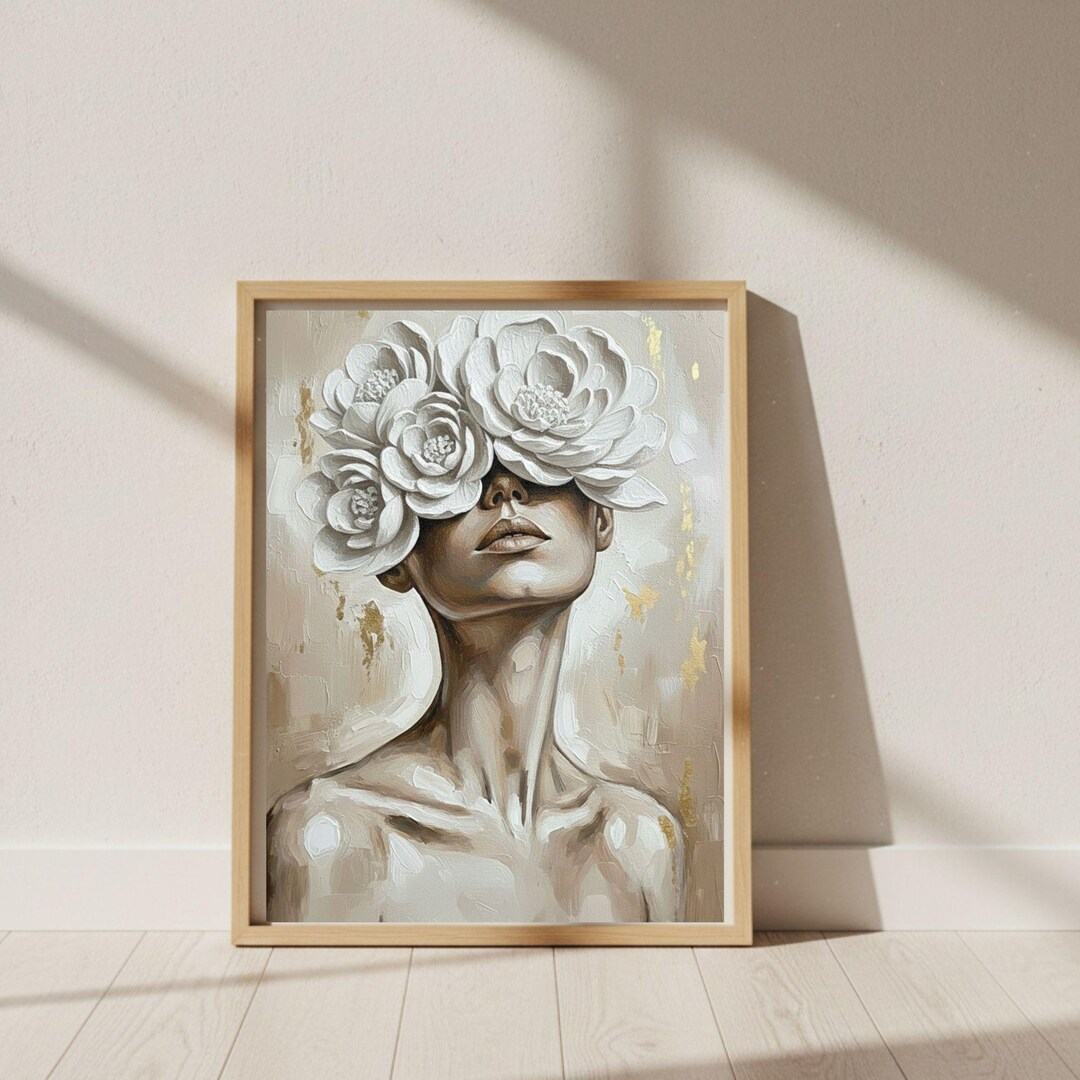 White Floral Woman Portrait Art Print, Textured Feminine Gallery Wall ...