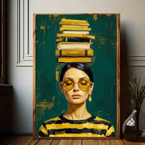 Póster para amantes de los libros, ilustración de mujer intelectual, decoración con estética lectora, arte femenino moderno, lámina de chica bibliotecaria, arte literario con estilo.