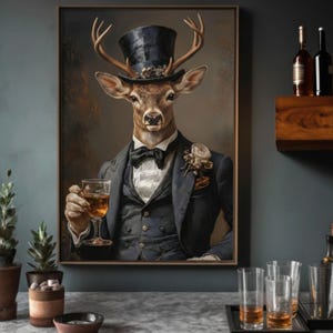 May include: A framed artwork shows a deer in a formal suit, top hat, and bow tie, holding a glass of amber liquid. The deer has antlers and a flower on its lapel. The background uses a muted, vintage-style colour palette.