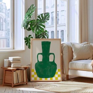 Moderna decorazione da parete con vaso in ceramica verde, decorazione minimalista in ceramica mediterranea, dipinto di natura morta verde oliva, arte a scacchi per cucina e sala da pranzo