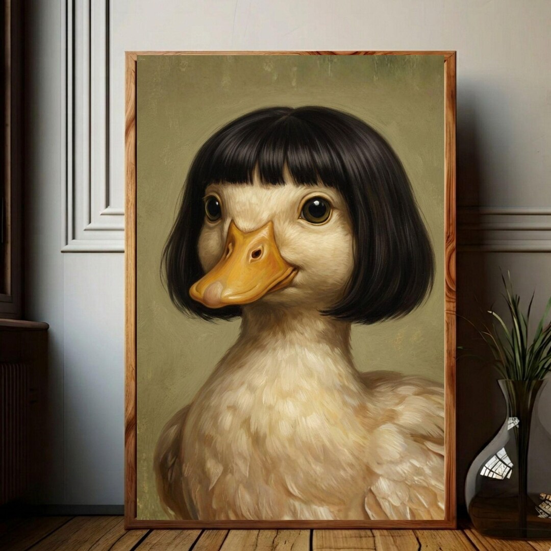Funny Duck Wall Art Print,duck With Bob Haircut Portrait,quirky Animal ...
