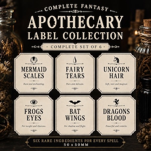 May include: Apothecary label collection with six fantasy ingredient labels. Each label is cream-colored with black text and illustrations. Labels include Mermaid Scales, Fairy Tears, Unicorn Hair, Frog's Eyes, Bat Wings, and Dragon's Blood. Labels are 50 x 50 mm.