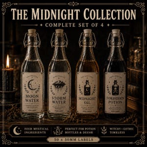 May include: Four glass bottles with swing-top closures, labeled "Moon Water," "Storm Water," "Midnight Oil," and "Forbidden Potion." The labels have a vintage aesthetic with botanical and celestial illustrations. The text "The Midnight Collection" is at the top.