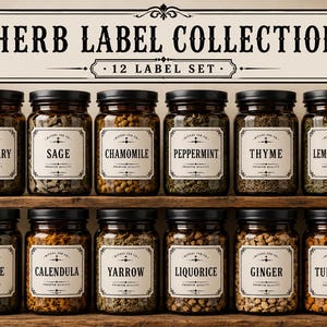 May include: A set of 12 amber glass jars with black lids, arranged on two wooden shelves. Each jar features a white rectangular label with black text identifying herbs: Rosemary, Sage, Chamomile, Peppermint, Thyme, Lemon Balm, Nettle, Calendula, Yarrow, Liquorice, Ginger, and Turmeric.