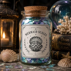May include: A glass jar filled with iridescent blue and purple sequins, labeled "Mermaid Scales." The jar has a cork lid and a decorative label with a seashell illustration. The text on the label reads "Ritual Jar Co." and "Pure Magic - Handle With Care - Est. 2026."