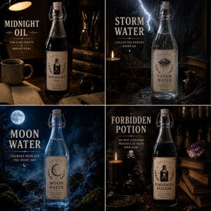 May include: Four glass bottles with swing-top closures, each labeled with a different potion name: Midnight Oil, Storm Water, Moon Water, and Forbidden Potion. The labels feature botanical and celestial illustrations. The bottles are displayed with candles and books.