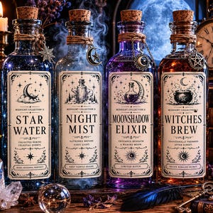 MIDNIGHT COLLECTION II Labels | Star Water, Night Mist, Moonshadow Elixir & Witches Brew | Gothic Apothecary Bottle Labels | Witchy Decor