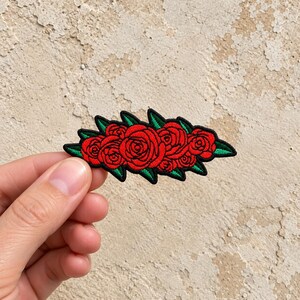 Red Rose Embroidered Patch, Floral Bouquet Applique, Iron On Sew On or Hook and Loop Badge for Jackets Jeans Bags, Gothic Flower Accessory