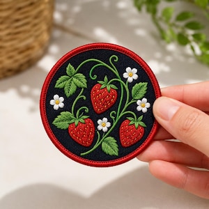 Strawberry Embroidered Patch Iron On Sew On Patch, Cottagecore Floral Fruit Patch, Botanical Jacket Backpack Hat Patch Gift
