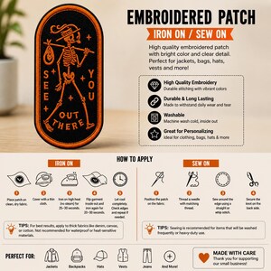 May include: An oval-shaped embroidered patch with a black background and orange border. The design features a skeleton carrying a bindle on a stick, with the text SEE YOU OUT THERE in orange. The patch includes iron-on and sew-on application instructions.