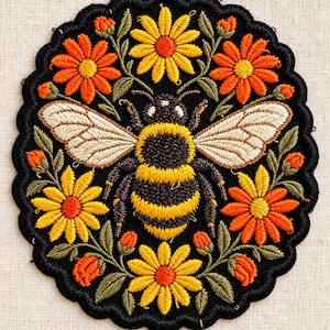 May include: A circular embroidered patch featuring a central bumblebee with black and yellow stripes and cream-colored wings. The bee is surrounded by a symmetrical arrangement of yellow and orange daisy-like flowers with green leaves.