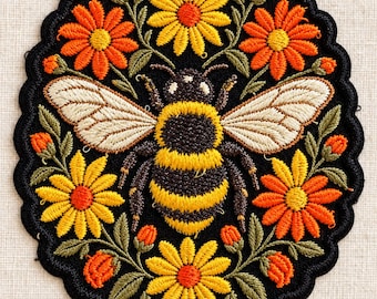 May include: A circular embroidered patch featuring a central bumblebee with black and yellow stripes and cream-coloured wings. The bee is surrounded by a symmetrical arrangement of yellow and orange daisy-like flowers with green leaves.
