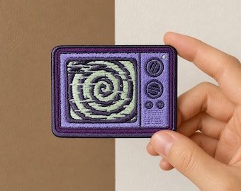Retro TV Embroidered Iron On Patch, Hypnotic Spiral Sew On Patch, Vaporwave Morale Badge, Vintage Television Patch
