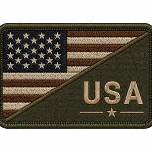 May include: A rectangular patch featuring the American flag design with a diagonal split. The upper left displays the stars and stripes, while the lower right has the word "USA" in tan, with a star below. The patch has a dark green border.