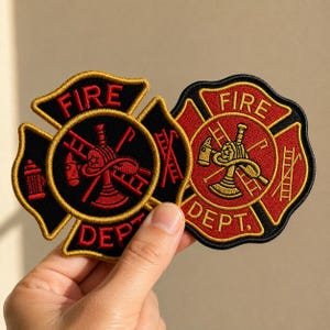 May include: Two embroidered Maltese cross patches featuring the text FIRE DEPT. One patch has a black background with red embroidery, while the other has a red background with black and gold embroidery. Both display a central fire helmet and ladder.
