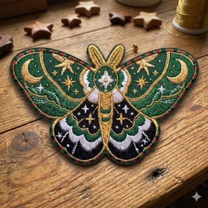 May include: Embroidered moth patch with a celestial design. The patch features a green background with gold, white, and black accents. The moth's wings are adorned with stars, moons, and intricate patterns. The patch is approximately 4 inches wide.