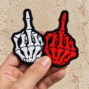 Skeleton Middle Finger Embroidered Patch, Red or White Bones, Gothic Punk Badge, Iron On Sew On or Hook and Loop for Jackets and Bags