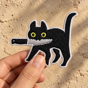 Black Cat With Knife Patch, Funny Chaotic Kitty Embroidered Badge, Iron On Sew On Applique, Hook and Loop Dark Humor Halloween Cat Gift