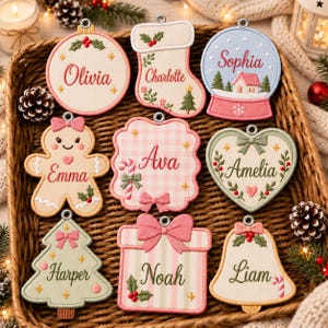 May include: A collection of nine embroidered Christmas ornaments in various shapes including a ball, stocking, snow globe, gingerbread person, scalloped square, heart, tree, gift box, and bell, each personalized with names Olivia, Charlotte, Sophia, Emma, Ava, Amelia, Harper, Noah, and Liam.