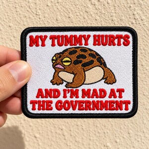 May include: A rectangular embroidered patch with a white background and a thick black border. It features a brown toad with dark spots and a grumpy expression, with red text reading MY TUMMY HURTS AND I'M MAD AT THE GOVERNMENT.