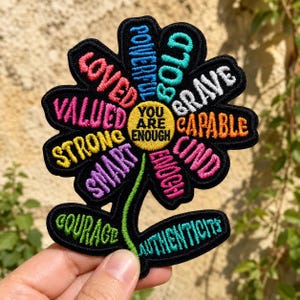 You Are Enough Affirmation Patch, Positive Flower Embroidered Badge, Mental Health Iron On Sew On Applique, Hook Loop Encouragement Gift