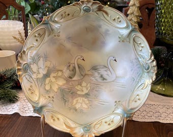 RS PRUSSIA Gilt Porcelain Bowl Mold 182 Swan Lake 10.12 Inch Rare